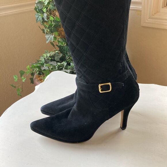 Adrienne Vittadini Quilted Suede Leather Full Zip Black Heeled Boots Size 8 - Picture 1 of 16